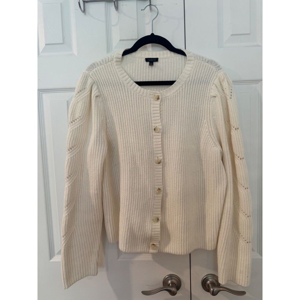 Talbots Cream Ivory Cotton Blend Shaker Stitch Puff Sleeve Grandma Cardigan XL